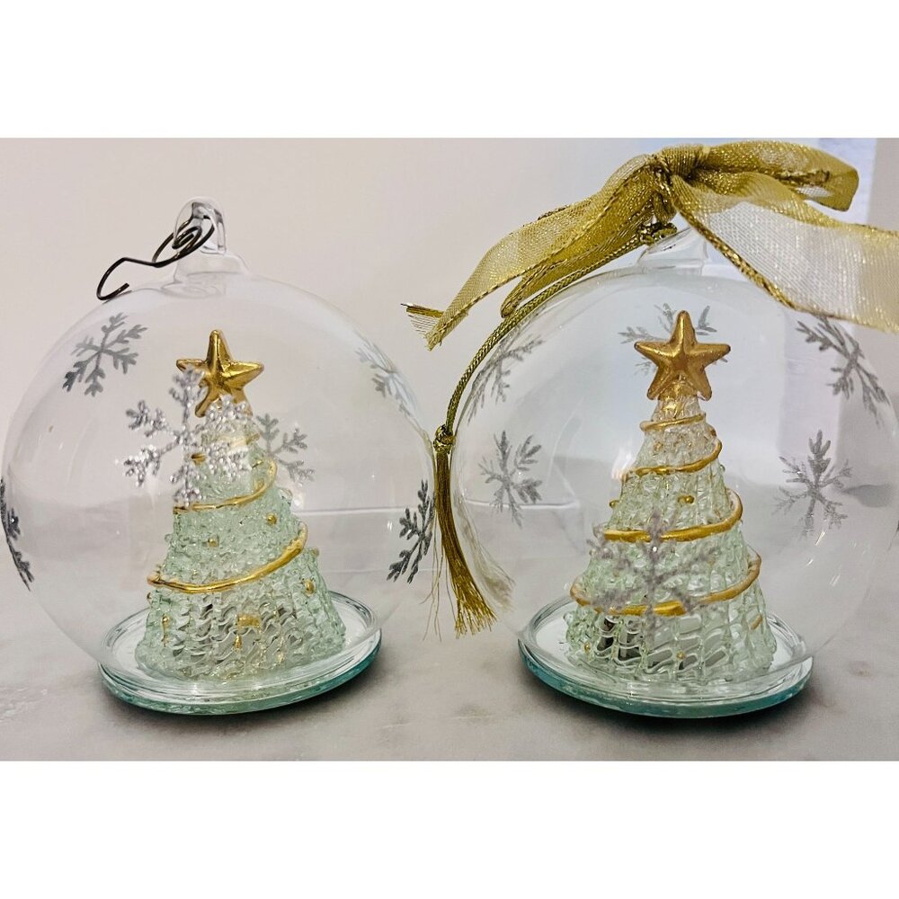 Hand Blown Glass Christmas Ornaments Lot of 2 Snow Tree Star Gold Table or Tree‎